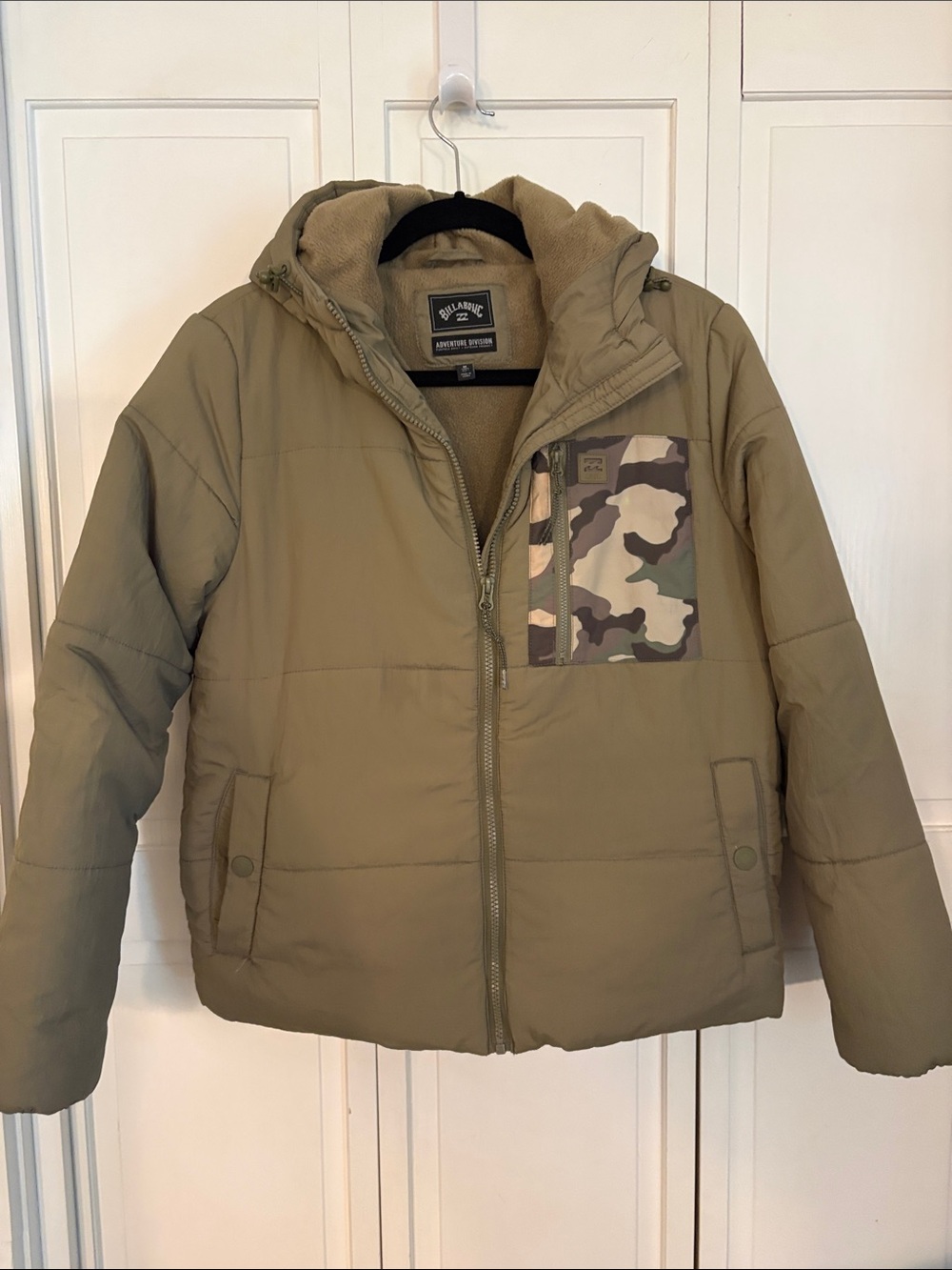 Billabong Olive Green Kids Puffer Jacket with Camo Pocket